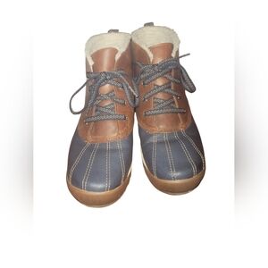 WOMENS 10 TIMBERLAND BLUE LEATHER FAUX FUR LINED LACE-UP WATERPROOF DUCK BOOTS